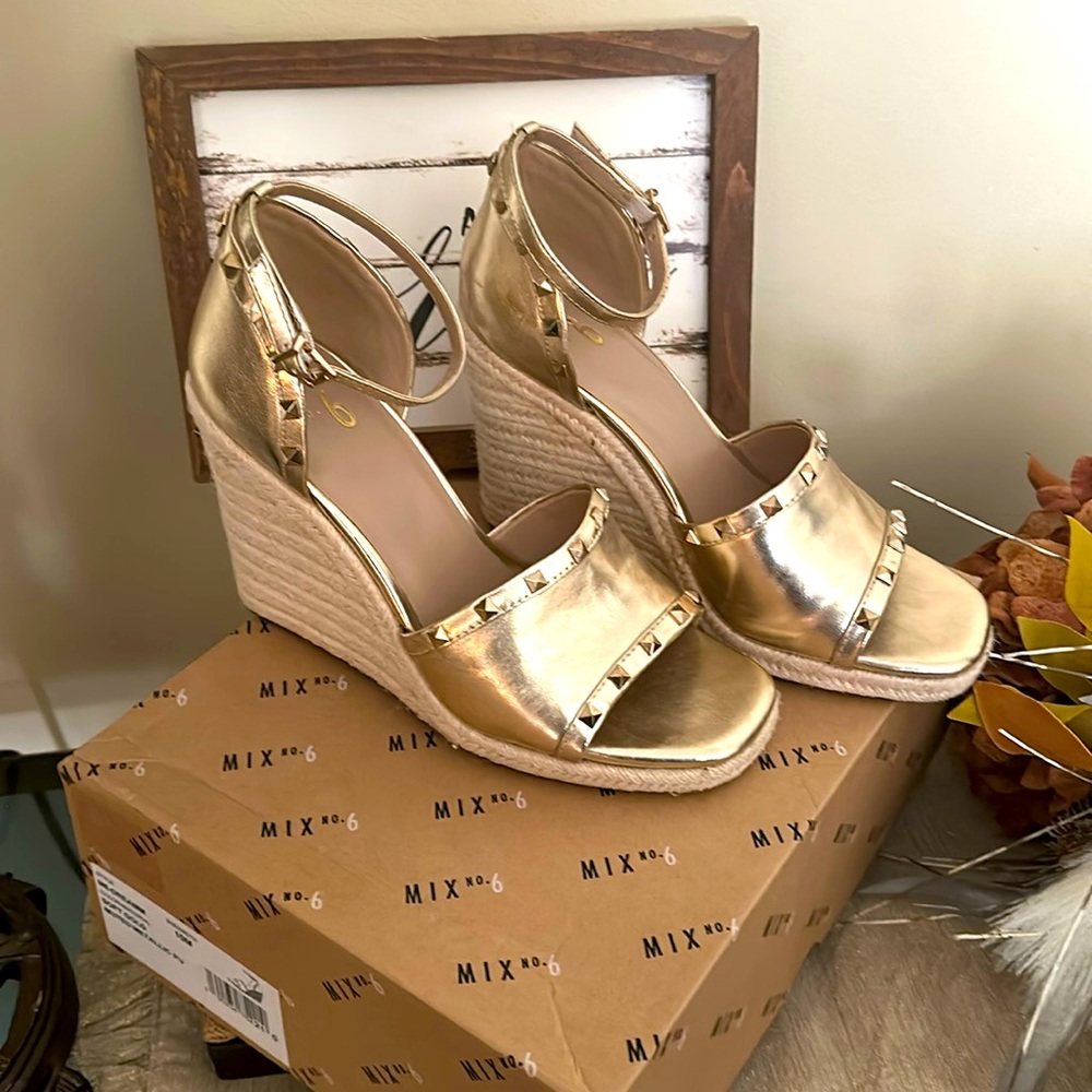 NWT Mix No.6 Gold Studded Cork Bottom Wedge Sandals